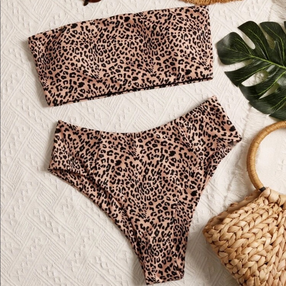 Leopard Bandeau High Waisted Bikini Swimsuit